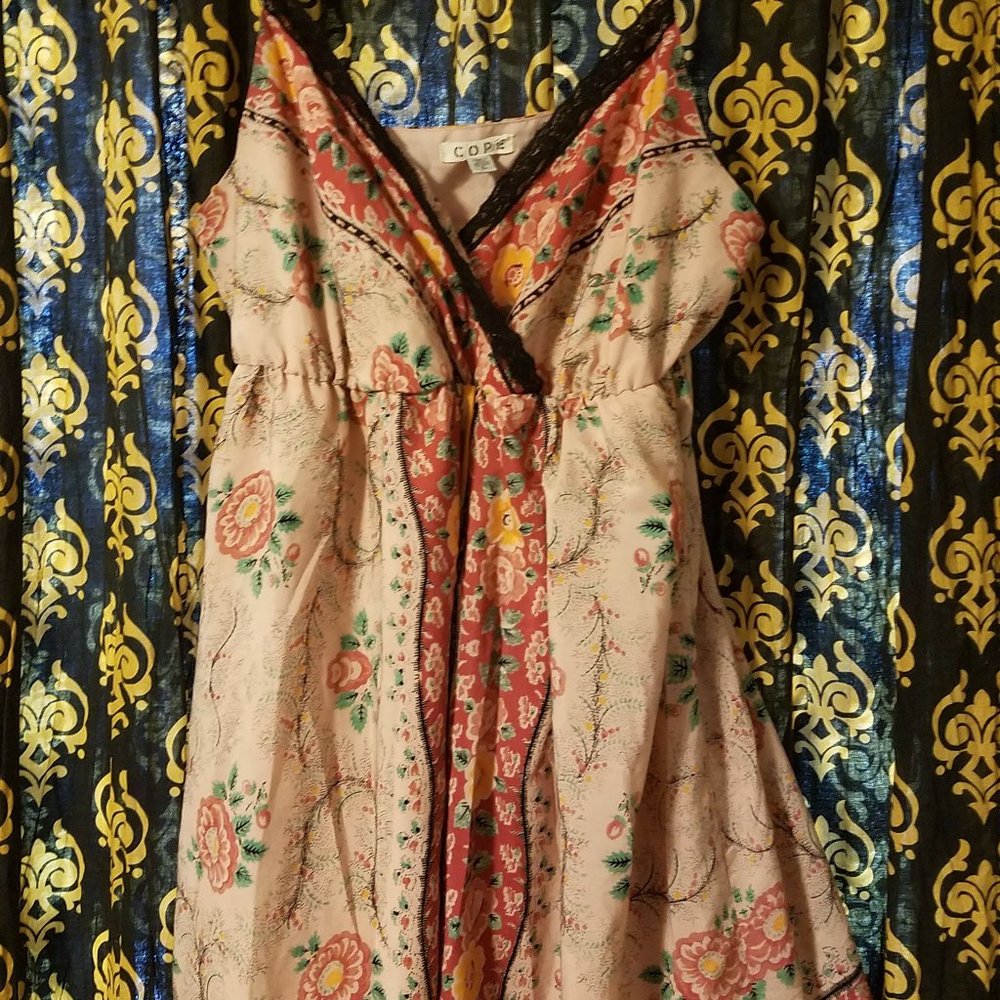 Strappy lace-trimmed plunging neckline roses dress